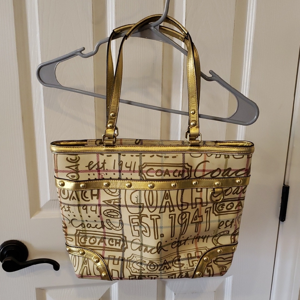 Coach Heritage Tattersol Graffiti F13188 Signature Gold and Cream MediumTote